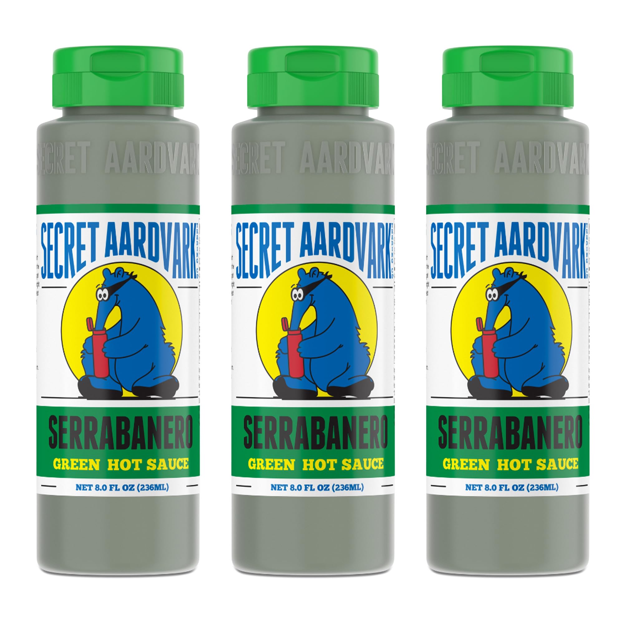 Secret Aardvark Serrabanero Hot Sauce - Serrano & Green Habanero Hot Sauce, Green Spicy Sauce, Non-GMO, Low Carb, Low Sugar, Green Hot Sauce & Marinade - 8 fl oz 3 Pack