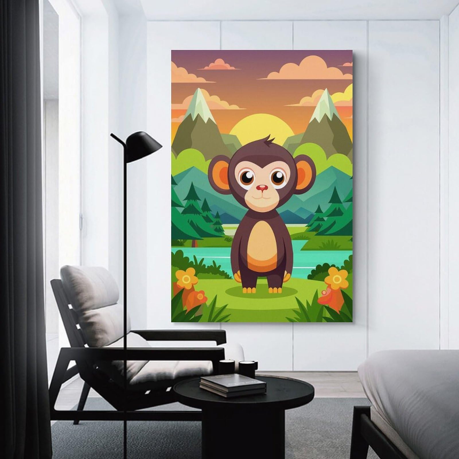 Junmoney Room Decor Wall Art Cute Monkey in A Mountain Landscape, 16x24inch(40x60cm), for Workspace Walls, Study Corners Or Bedrooms, A Smart Decor Choice for Study Walls