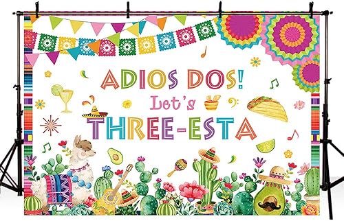 Miniatura 4 de Telón de fondo mexicano de tercer cumpleaños de 7 x 5 pies para niños, decoración de fiesta de Let's Three-Esta, cactus floral, alpaca, fotografía