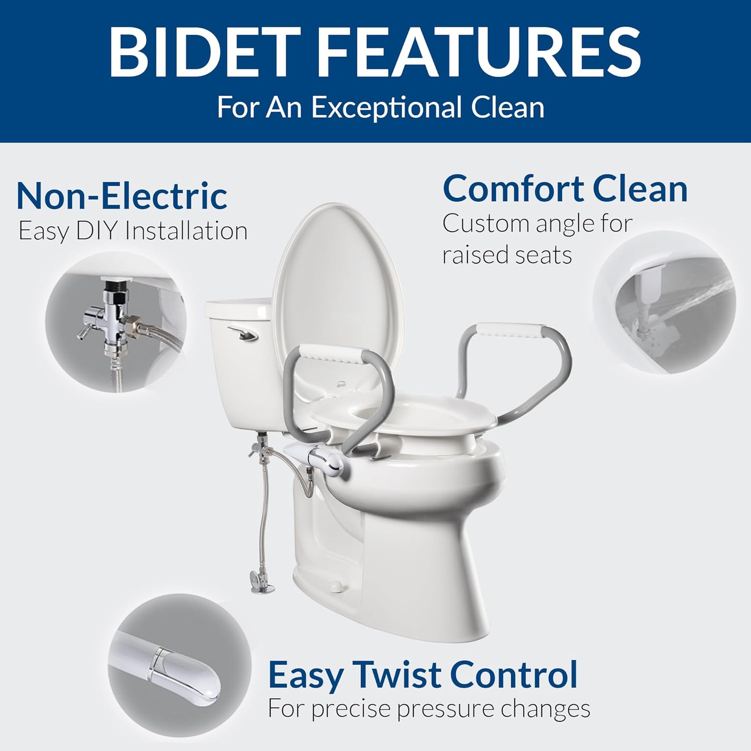White Raised Toilet Seat with Handles and Bidet Attachment