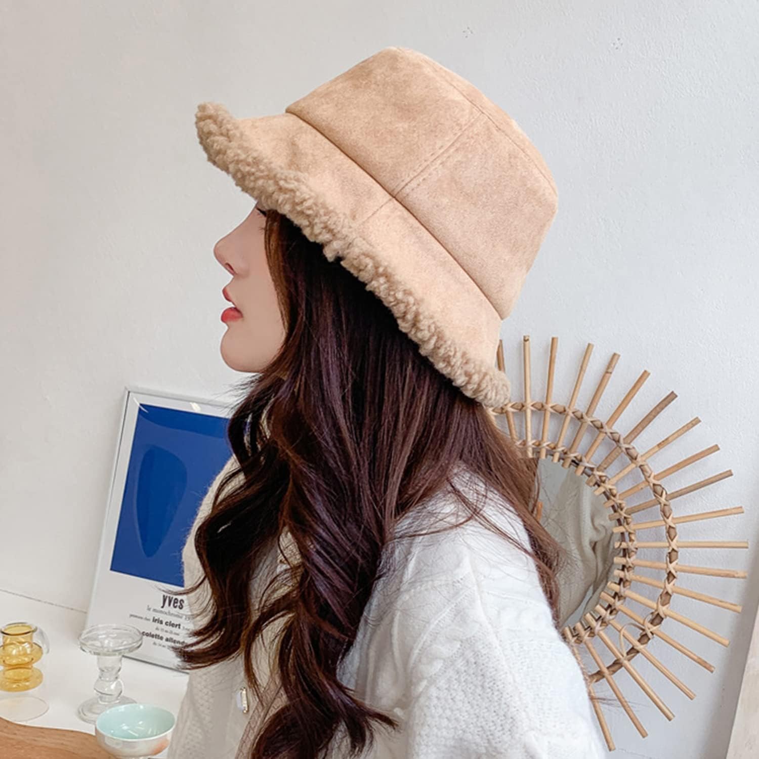 Peicees Winter Fluffy Bucket Hat for Women Fuzzy Warm Bucket Hat with Faux Fur Reversible Fisherman Cap
