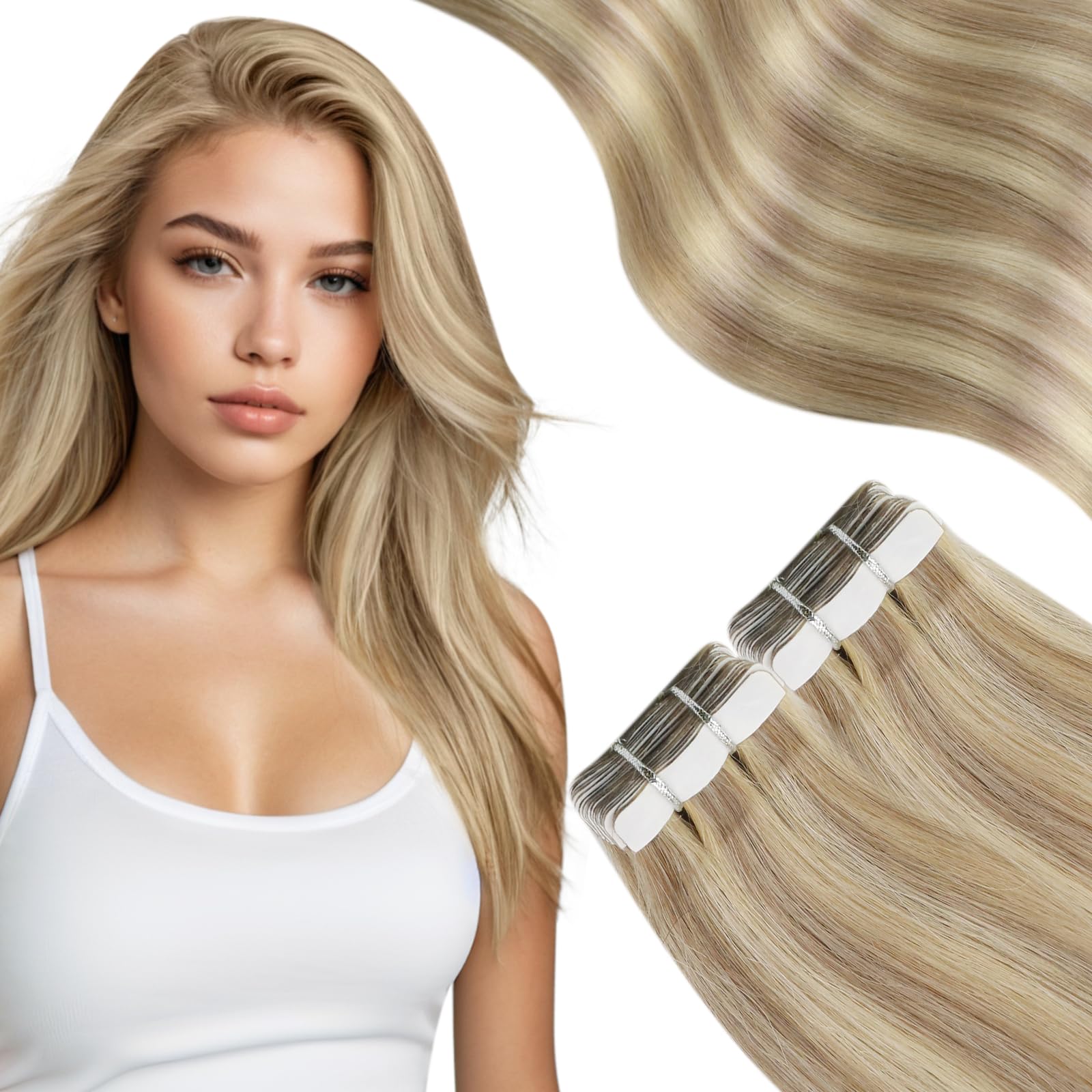 Moresoo Tape in Extensions Human Hair Extensions Tape in Honey Blonde Highlighted Medium Blonde Glue in Hair Extensions Real Human Hair Invisible Remy