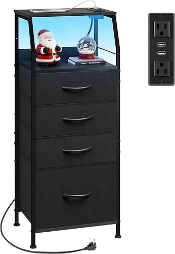 WLIVE Mesita de noche con estación de carga, mesita de noche LED con 4 cajones de tela y estante de almacenamiento, cómoda alta para dormitorio,