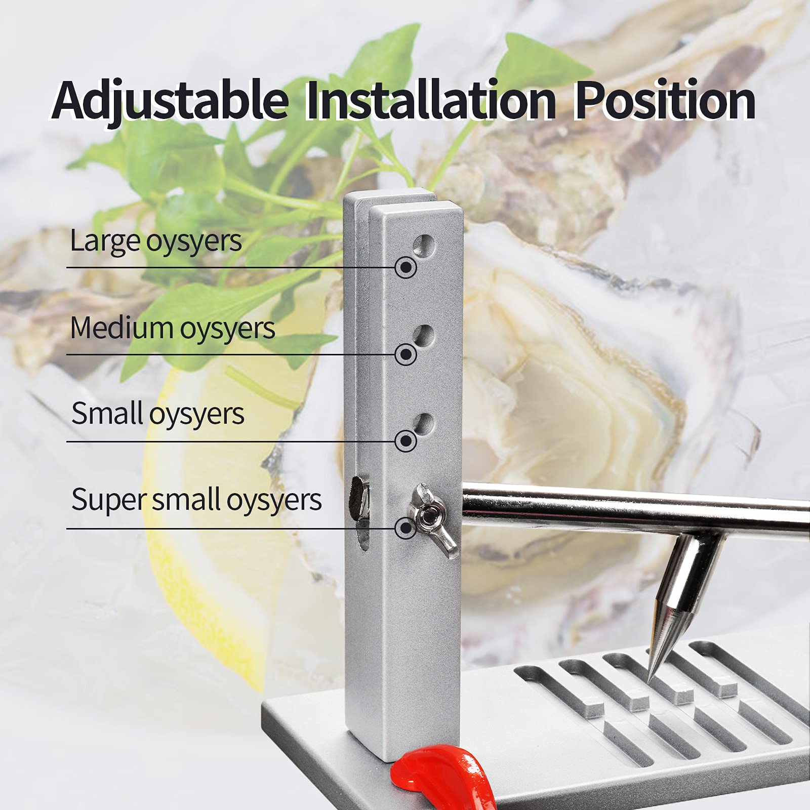 Macchina per sgusciare ostriche regolabile, kit per sgusciare ostriche con 2 coltelli + guanto, lega di alluminio + acciaio inossidabile. Design antiscivolo + fibbia tipo G
