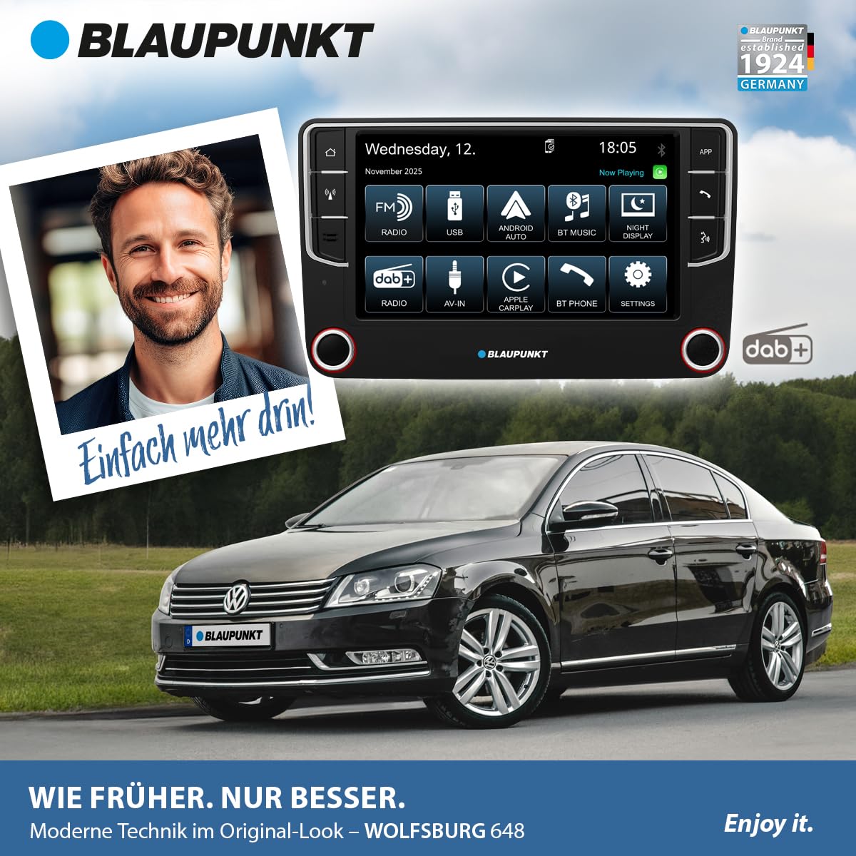 Blaupunkt Wolfsburg 648, Car Multimedia, CAN-Bus Anbindung, 7“ Touchscreen, CarPlay + Android Auto, DAB+, Bluetooth, Freisprecheinrichtung, USB, Aux-Eingang, Rückfahrkamera, 4x45Watt, 12V