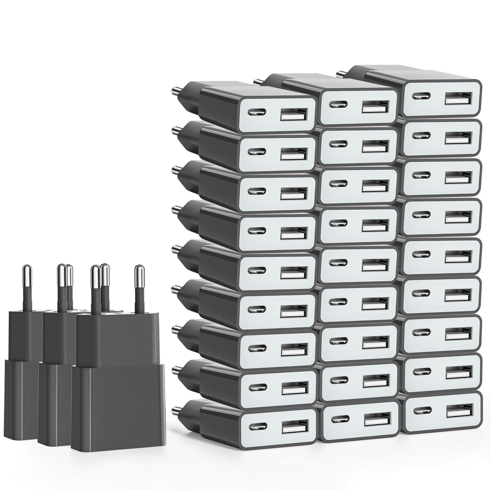 Ultradünnes USB-Ladegerät, 5 V, 1 A, Dual-Port (USB C + USB A) Wandsteckdosenadapter, ideal für iPhone, Android-Telefone, eBook-Reader, Xperia, MP3-Player (Thickness 1.45cm/30 Packs)