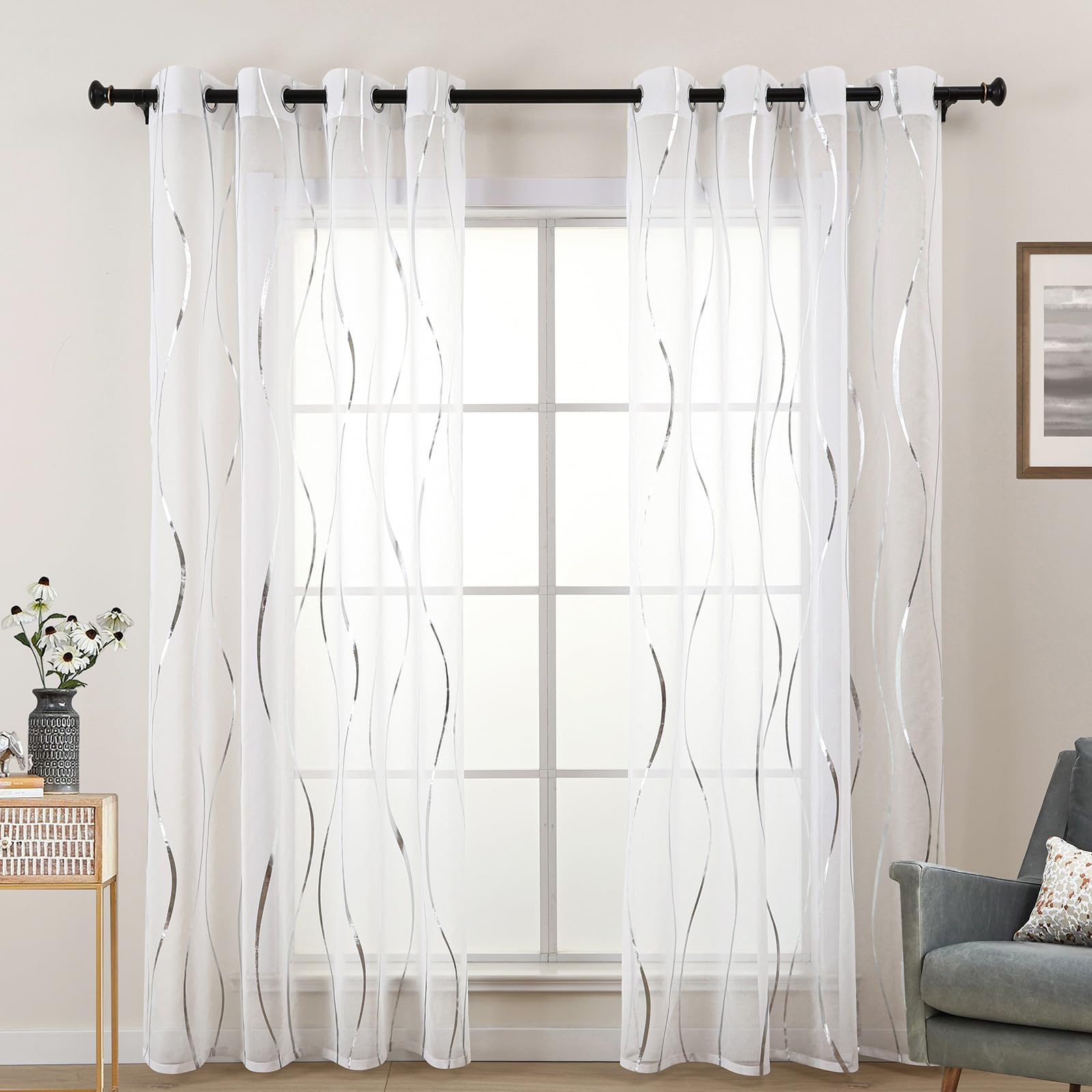 L.Z.E Silber Weiß Gardinen Vorhänge, Transparente Wellenmuster Gardine Vorhang für Wohnzimmer Schlafzimmer Arbeitszimmer, 2er Set Dekogardine Schal mit Ösen, 245 cm Lang (LZE2250E-S245)