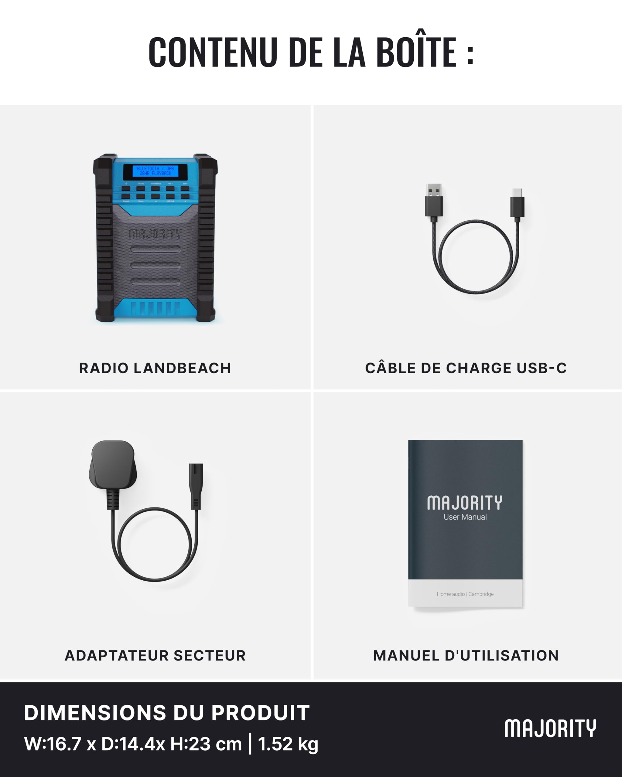 Radio Chantier Dab+ FM, Bluetooth & AUX, IP54 Enceinte Etanche, Antichoc | MAJORITY Landbeach Radio Plus Robuste et Antichoc | Batterie Rechargeable 28h USB-C & Power Bank | Écran LCD Rétroéclairé