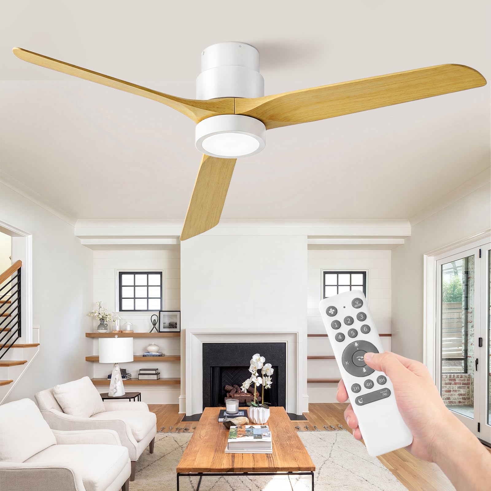 Ateroll Ventilador de Techo con Luz Silencioso, 132cm ABS Ventiladores de Techo con Luz y Mando a Distancia, Velocidades, Temporizador, Función Verano-invierno, para Dormitorio Salón Exterior Terraza