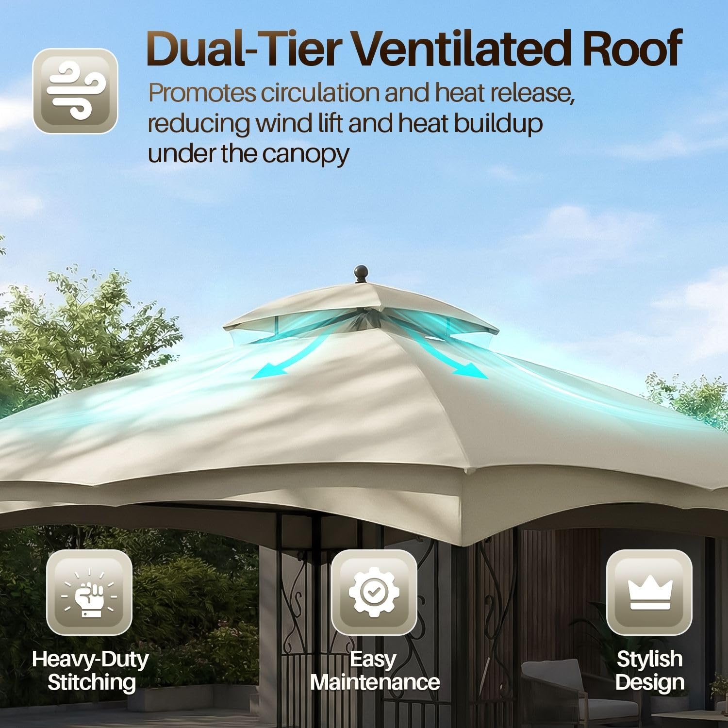 Flexzion Housse de Rechange pour tonnelle de 2,4 x 2,4 m – Résistante à l'eau – UV30+ – Résistante à l'eau – pour extérieur, Pare-Soleil, Jardin, terrasse, pavillon (Ivoire)