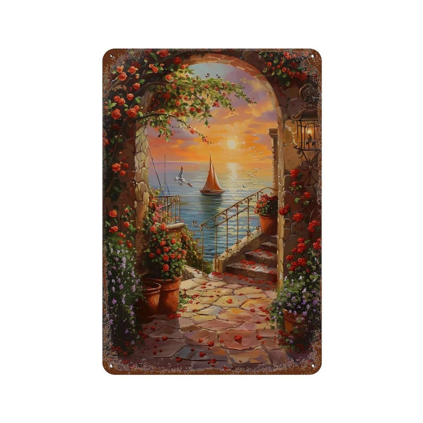 Hduryeyryy Multicolour Mediterranean Rose Path 02 Wall Retro Iron Vintage Art Metal Tin Sign Poster Modern Home Cofffee Club Art Bar Shop Decor 30X20cm