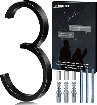 VONDERSO 6 Inch Floating House Numbers for Outside,Modern Black Metal Address Number 3,Durable Weather-Resistant Powder Coated Finish,No FadingGlossy Black