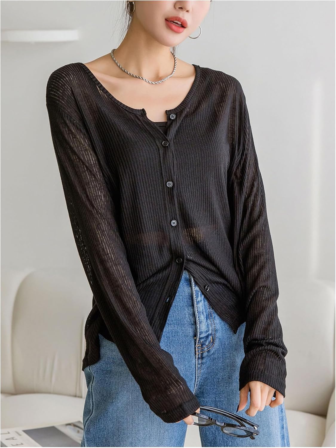 Milumia Women's Button Front Sheer Knit Top V Neck Long Sleeve Loose Tee Swimsuit Coverup - Image 2