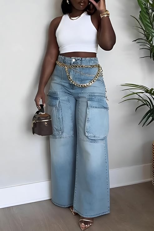 Cargo Jeans for Women High Waisted Baggy Wide Leg Casual Loose Stretchy Streetwear Denim Pants with 6 Pockets Trendy