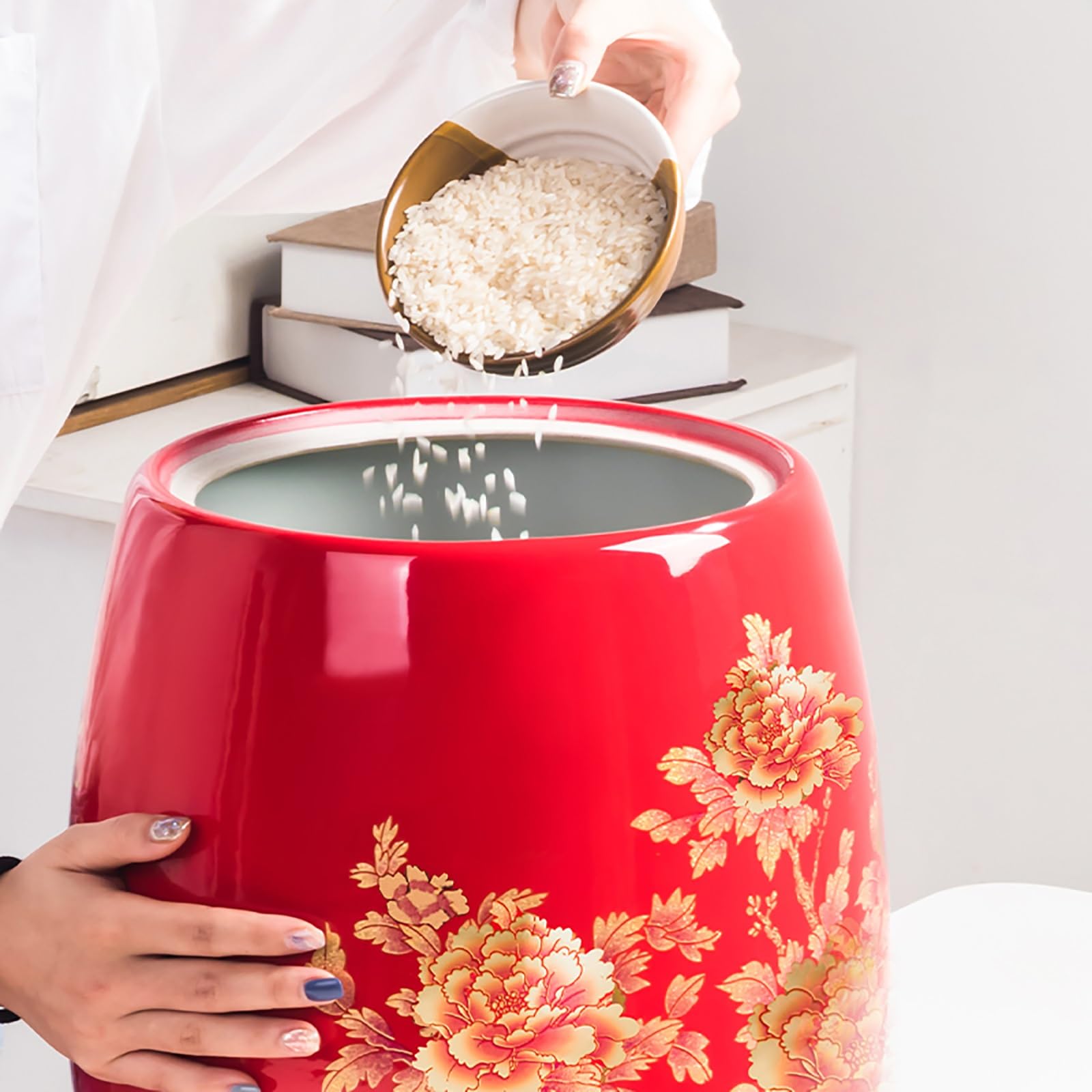Barattolo Di Riso Ceramica Con Coperchio Bottiglia Di Porcellana Per Riso Domestico 10 Kg Secchio Di Riso In Ceramica Con Design A Nappa Contenitore Di Riso Stile Cinese Cilindro Cereali In Ceramica(D
