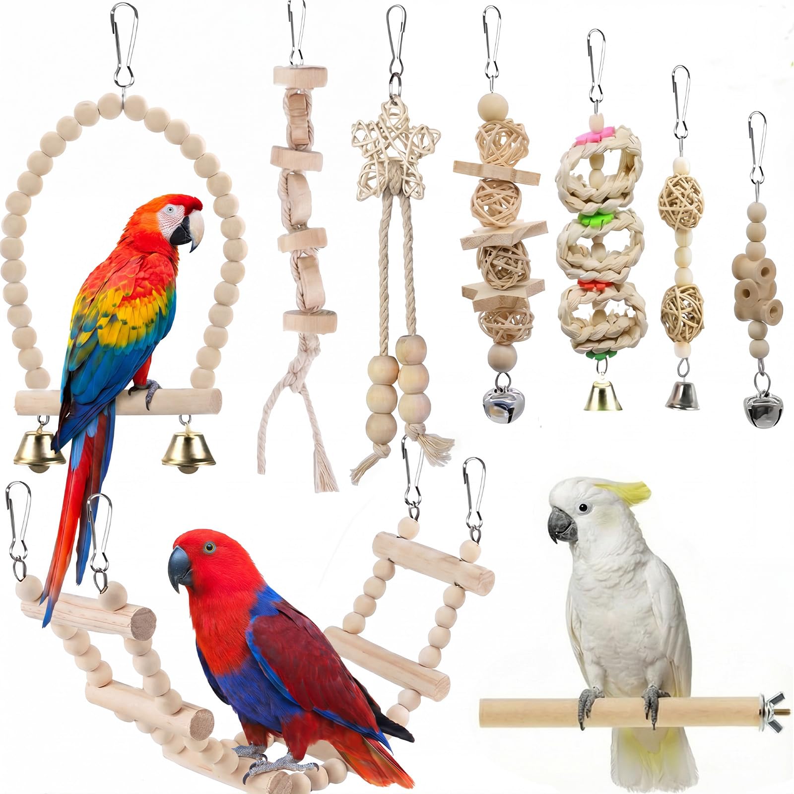 Set di 9 Giochi per Pappagalli, Giocattoli per Pappagalli in Legno Naturale, con Altalena, Scala e Campanella, per Gabbia Uccelli, Per Pappagallini, Ara Piccoli e Uccelli