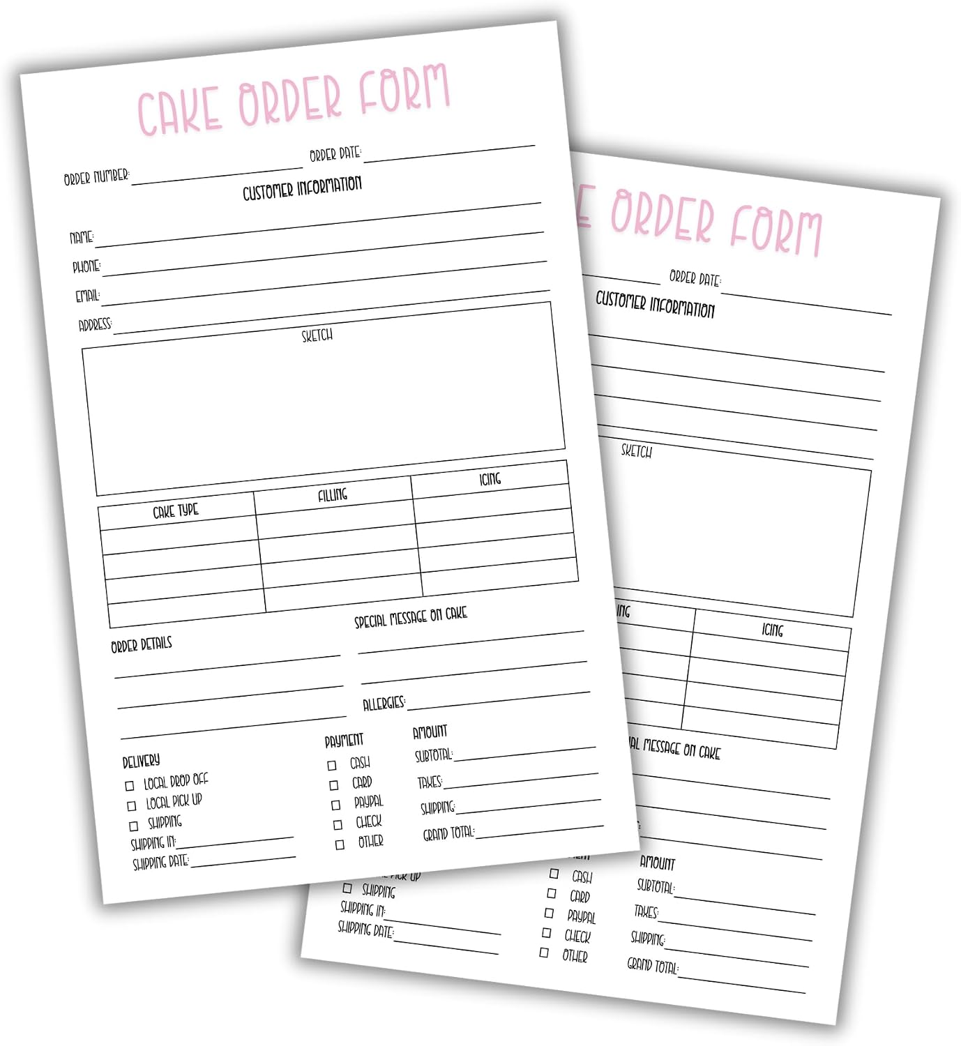 Cake Order Form 50pk 8.5x5.5” Bakery Care Instructions Sheet Client Storage Warning Label Ingredients Flier Piping Tips Pay