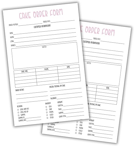 Cake Order Form 50pk 8.5x5.5” Bakery Care Instructions Sheet Client