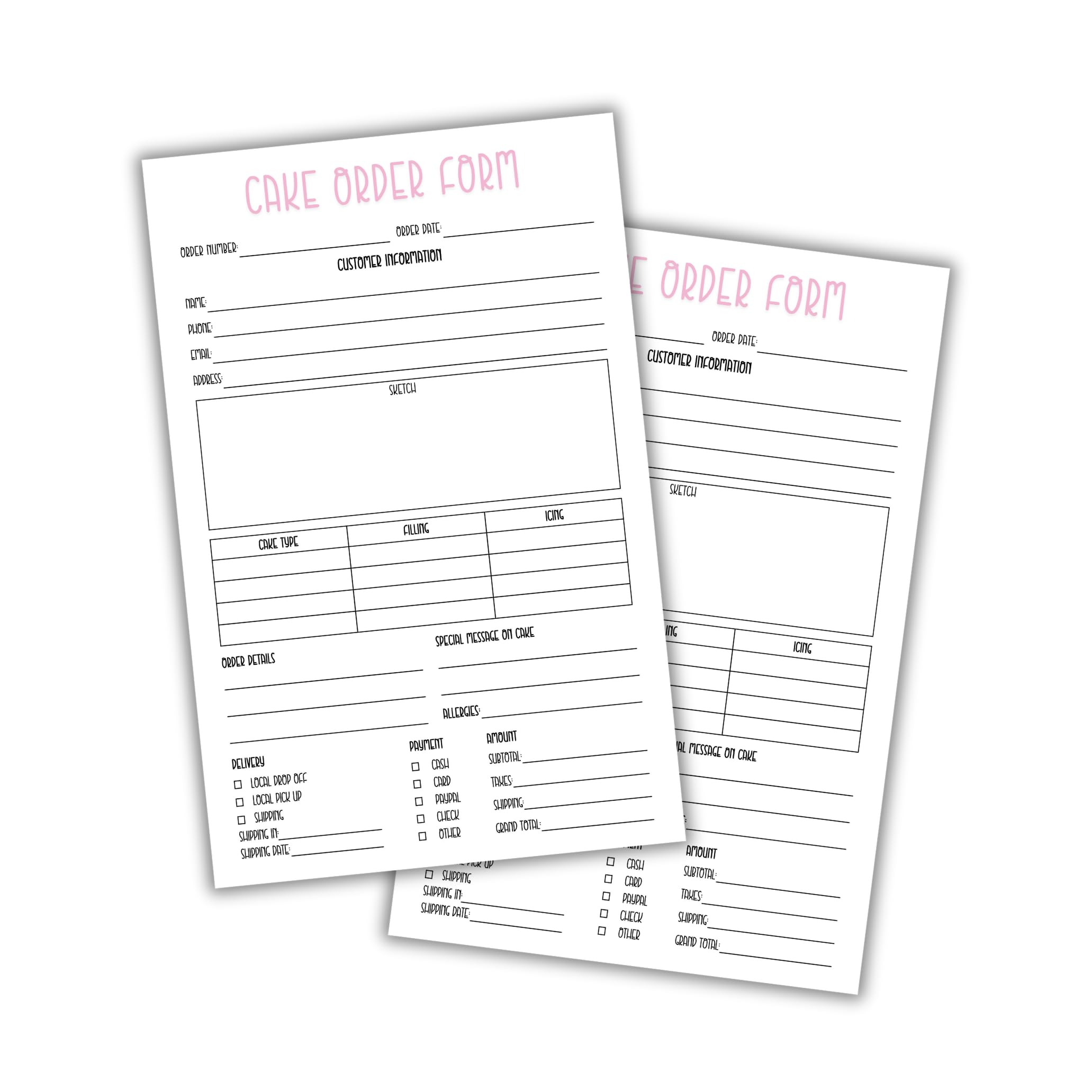 Cake Order Form 50pk 8.5x5.5” Bakery Care Instructions Sheet Client Storage Warning Label Ingredients Flier Piping Tips Pay