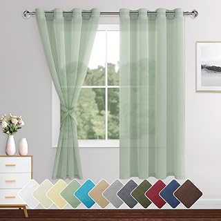 XWZO Cortinas de gasa con aspecto de lino, color verde frijol, con ojales en la parte superior, cortinas semitransparentes con ojales para sala de estar, habitación de niños, 55 pulgadas de ancho x 63