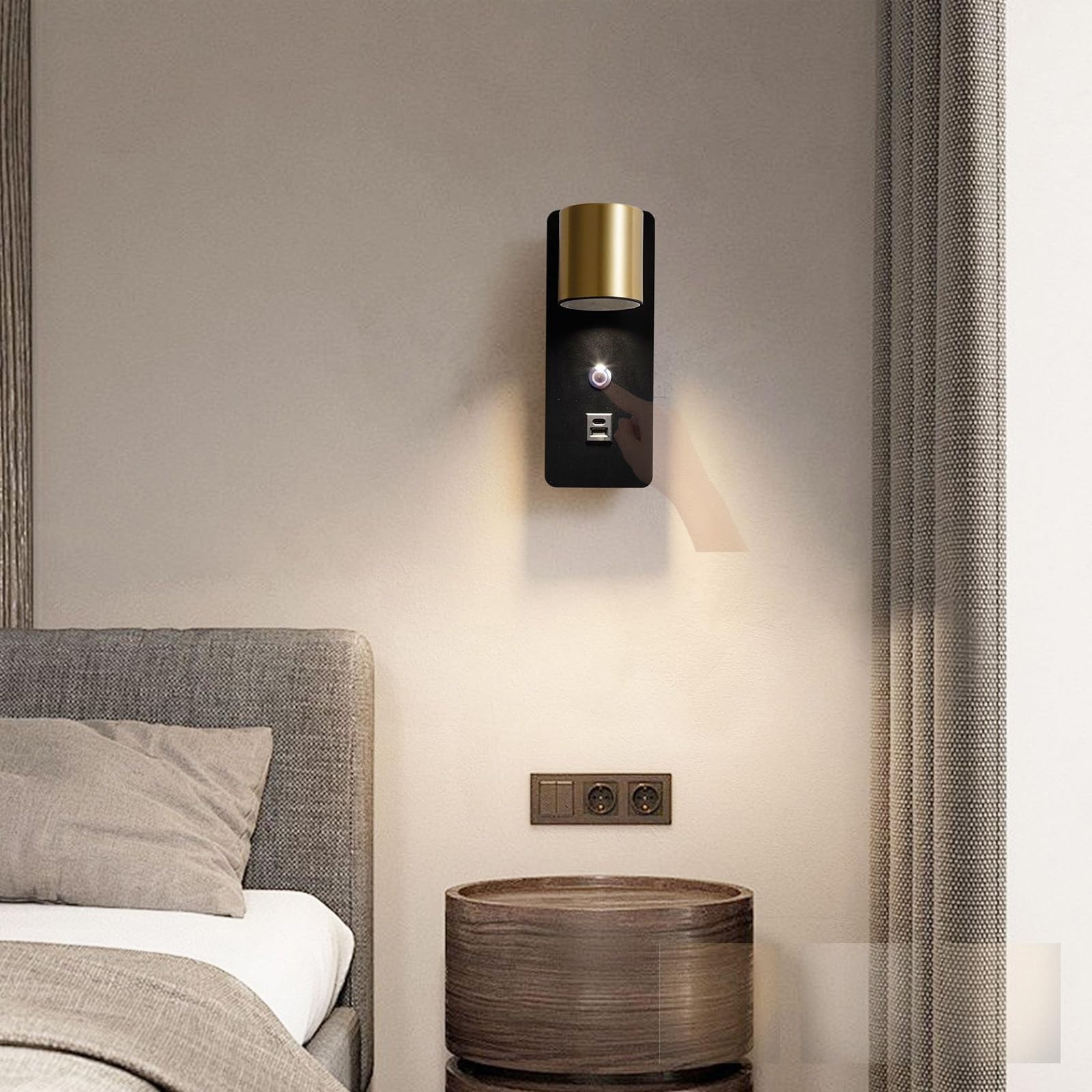 Interni Lettura LED Applique da Parete con Tattile Controllo Interruttore Luce da Parete 3000K/4000K/6000K Dimmerabile Lampada da Parete con USB Ricarica Porte per Corridoio (Oro)