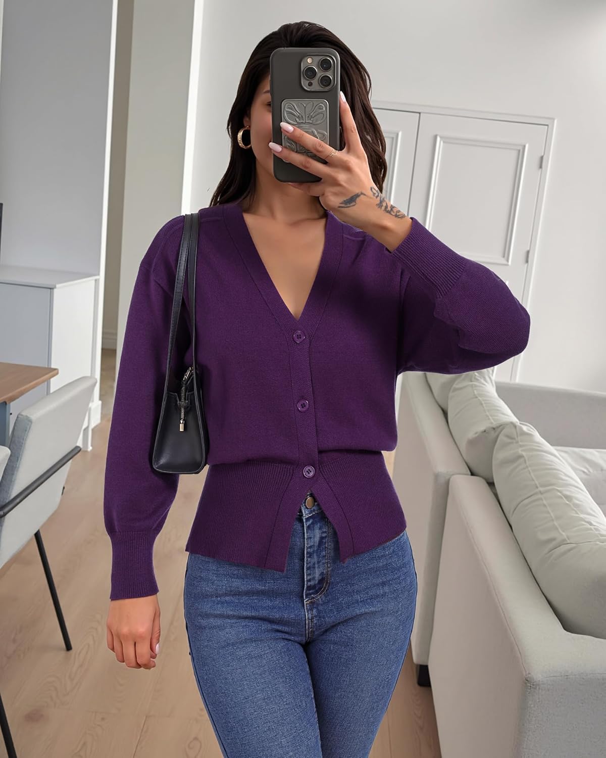 Gaharu Womens Open Front Cardigan Sweaters Long Sleeve Knitted Button Tops Casual V-Neck Peplum Outerwear for Women Trendy - Image 3