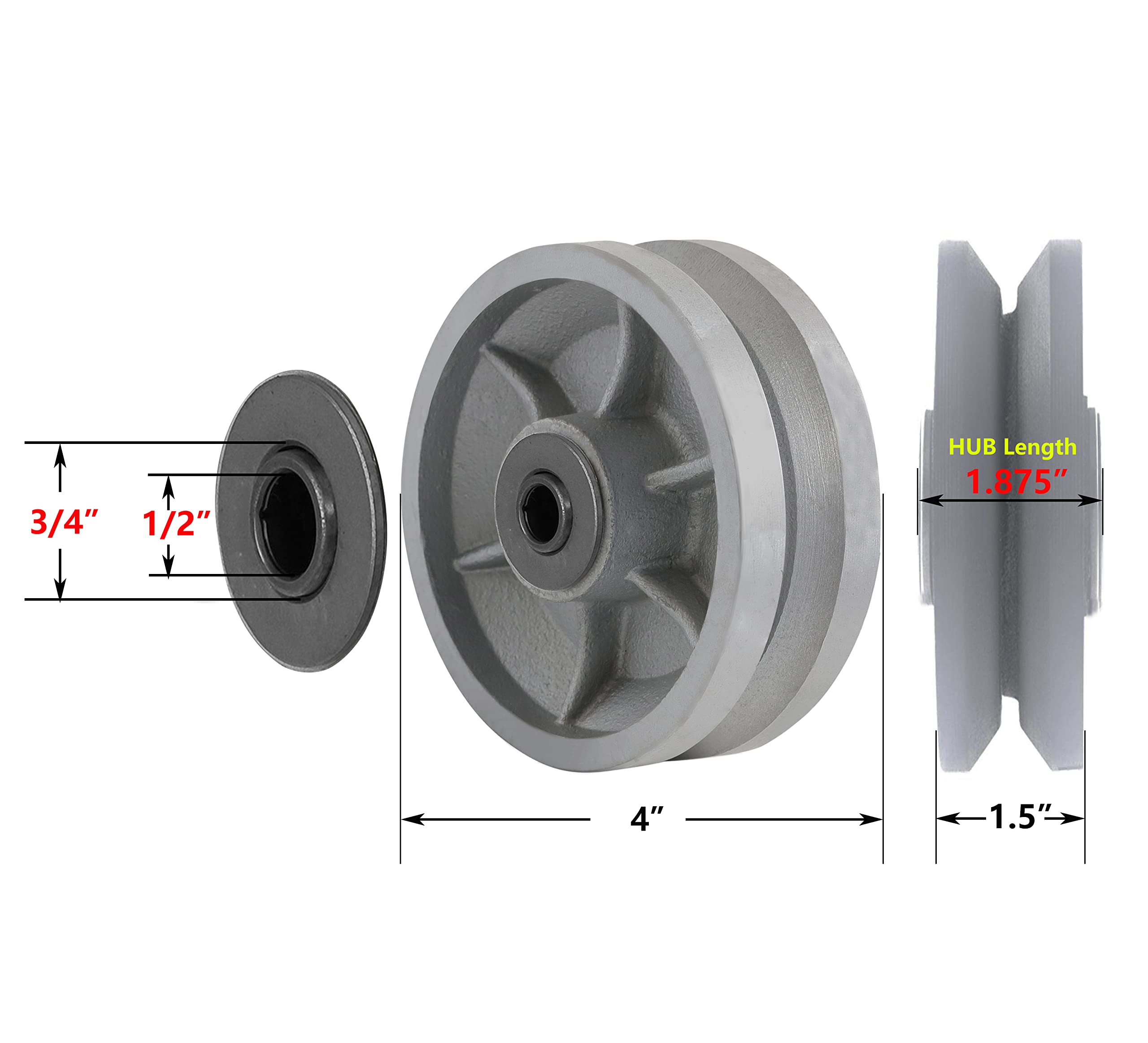 10,2 cm x 3,8 cm große V-Nut-Rad, aus Gusseisen, mit gerader Rollenlagerkapazität bis zu 362,9 kg (1 Silberrad).