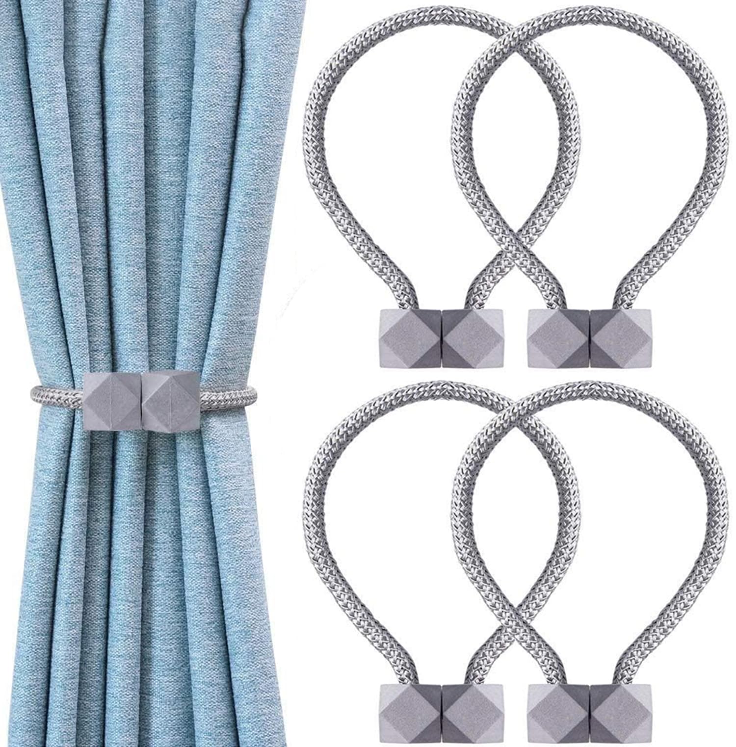 INOVERA (LABEL) 4 Pieces Magnetic Windows Curtain Tiebacks - Decorative Curtains Holders Rope Holdbacks -Drapery Binding Tie Backs for Home, Office (Grey)