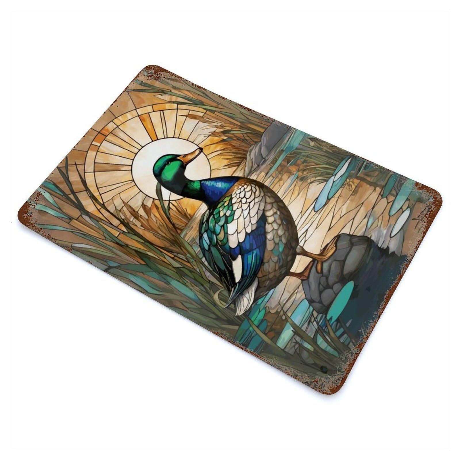 Duck Stained Glass 11.8"x7.9" Weathered Tin Sign, Rustic Home Decor for Living Room, Hallway And Home Decor