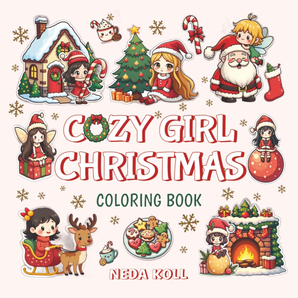 Cozy Girl Christmas Coloring Book for Kids and Adults: 40 Festive Illustrations featuring cozy Christmas girls, charming elves, Christmas fairies, Santa Claus and Festive Scenes