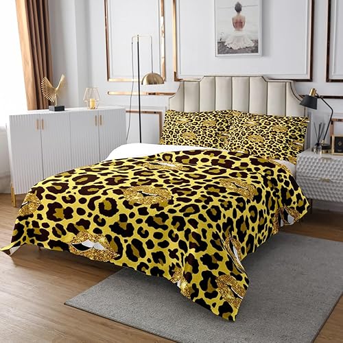 Miniatura 2 de Erosebridal Juego de edredón con estampado de leopardo amarillo, juego de colcha sexy de labios dorados para niños, adolescentes y adultos, ropa de