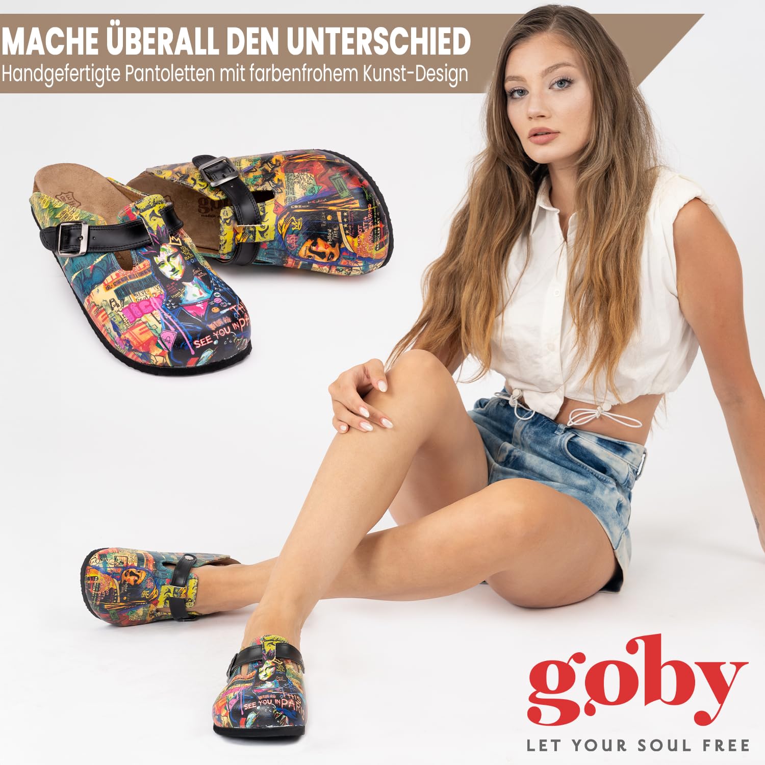 GOBY Clogs Hausschuhe Damen | Handgefertigte Premium Clogs mit Buntem Print – Bequeme & leichte Pantoletten Damen aus hochwertigem Imitationsleder mit Eva-Sohle [ Test SEHR GUT, Note 1.1 *]