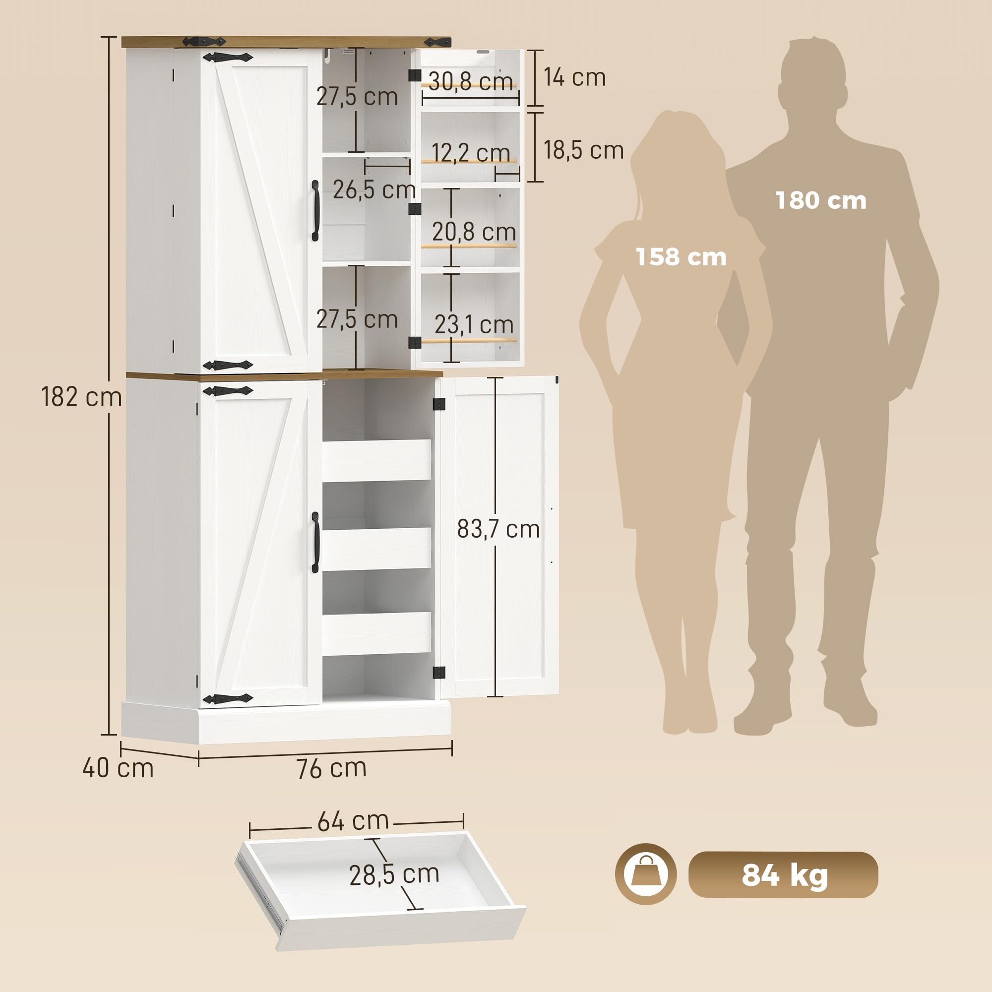 HOMCOM Buffet Haut Cuisine Armoire de Cuisine 4 Portes 76x40x182cm Blanc | Vaisselier, 3 Tiroirs, 8 Porte-Racks, Étagères Réglables, Style Rustique, Meuble de Rangement Salon, Salle à Manger