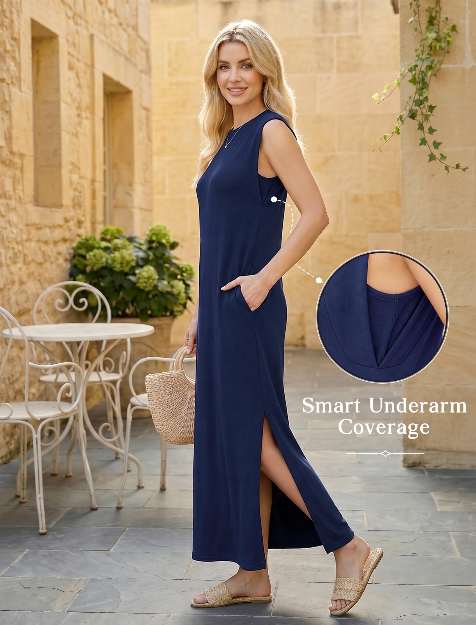 Enmain Vestido Largo Verano Mujer Sin Mangas Cuello Redondo con Bolsillos Laterales y Fisiones Vestidos Casual para Mujer Elástica Antiarrugas Informal Elegante Clásico Color Liso Tallas S-3XL