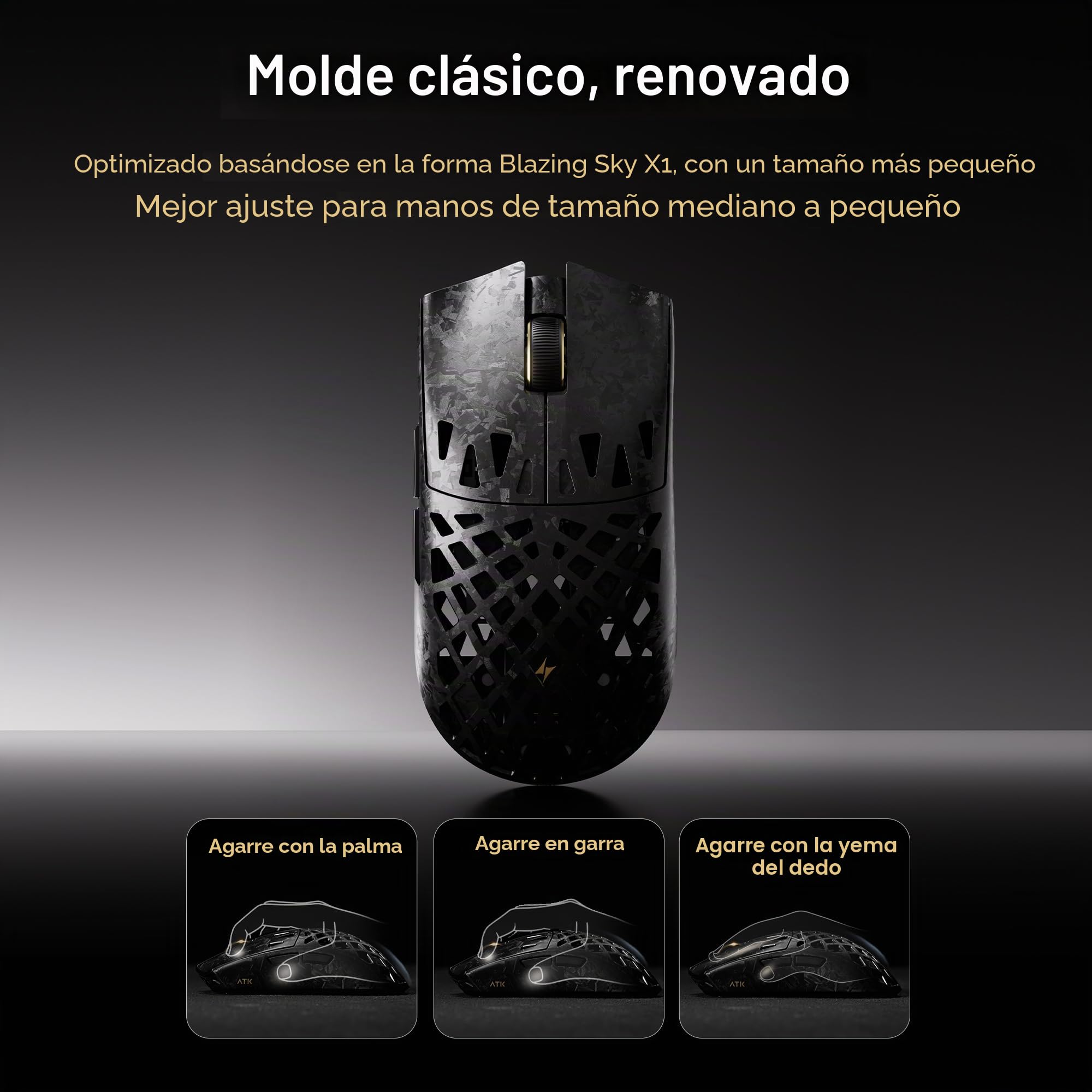 ATK Blazing Sky Ghost Hollow Ratón inalámbrico para juegos de fibra de carbono, sensor PAW3950, Nordic 54L15, 8k Polling, 48 g, Tri-Mode 2,4 g/Bluetooth/con cable