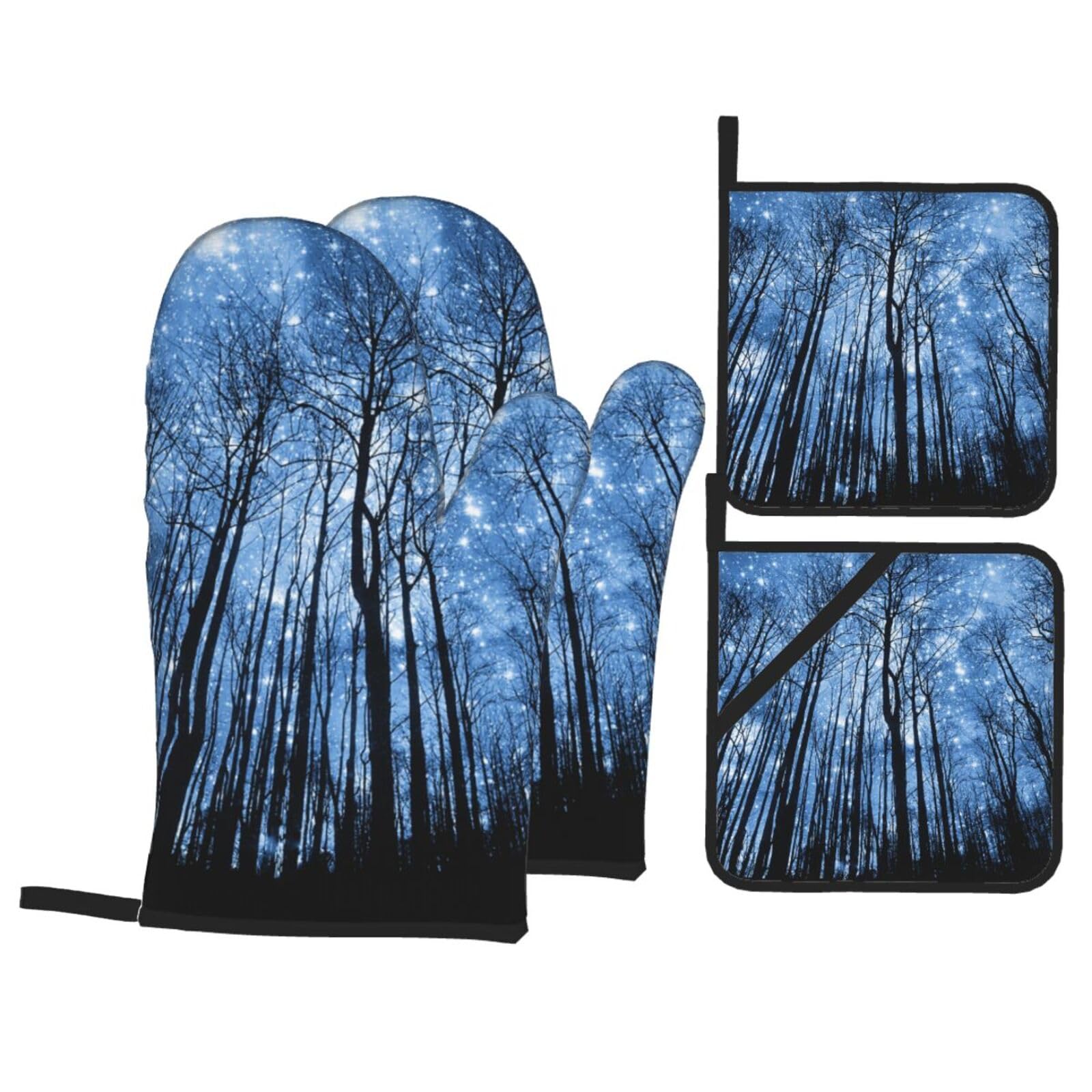 Night Sky Print Stylish Heat-Resistant Oven 4-Piece Set Kitchen Gloves Roasting Daily Cooking