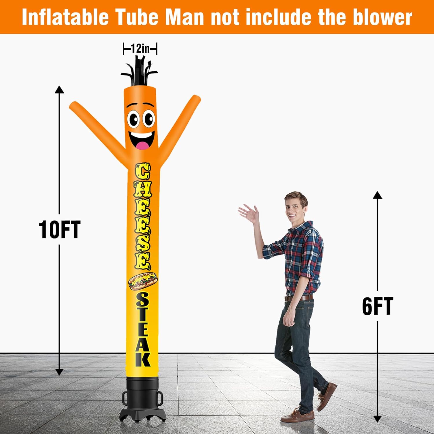 10FT Tall Inflatable Tube Man Cheese Steak Wacky Wavy Dancing Guy (12''Diameter) for Outdoor Decoration Advertising Business Promotion - Food Theme (Blower Not Included)