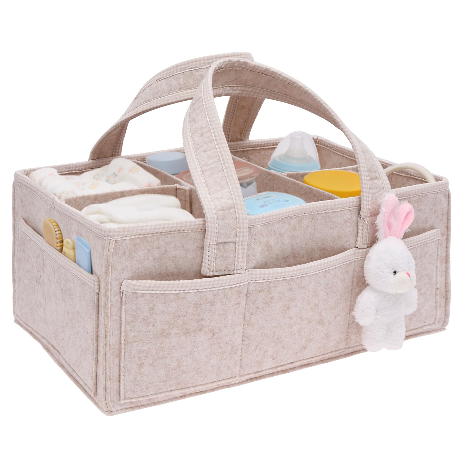 Foldable Diaper Caddy Organizer 41x25x18cm, Portable Nappy Caddy with Handles and Compartments, Baby Essentials for Newborn, Nursery Storage Basket with Bunny Doll, Gifts for Baby Shower and Birthday
