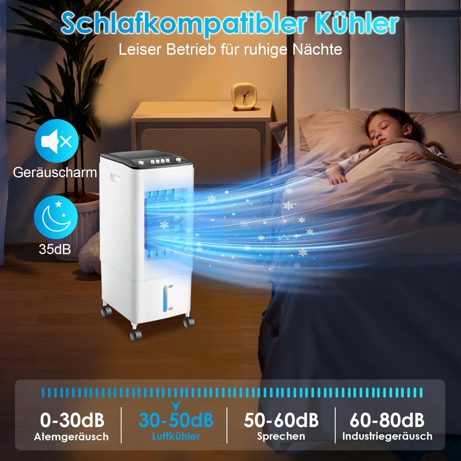 Mobile Klimaanlage ohne Abluftschlauch, 4-in-1 Luftkühler mit 6L Wassertank & 3 Kühlakkus, leiser Ventilator mit 35dB, energiesparendes Klimagerät für Zuhause, Büro, Schlafzimmer & Haustiere