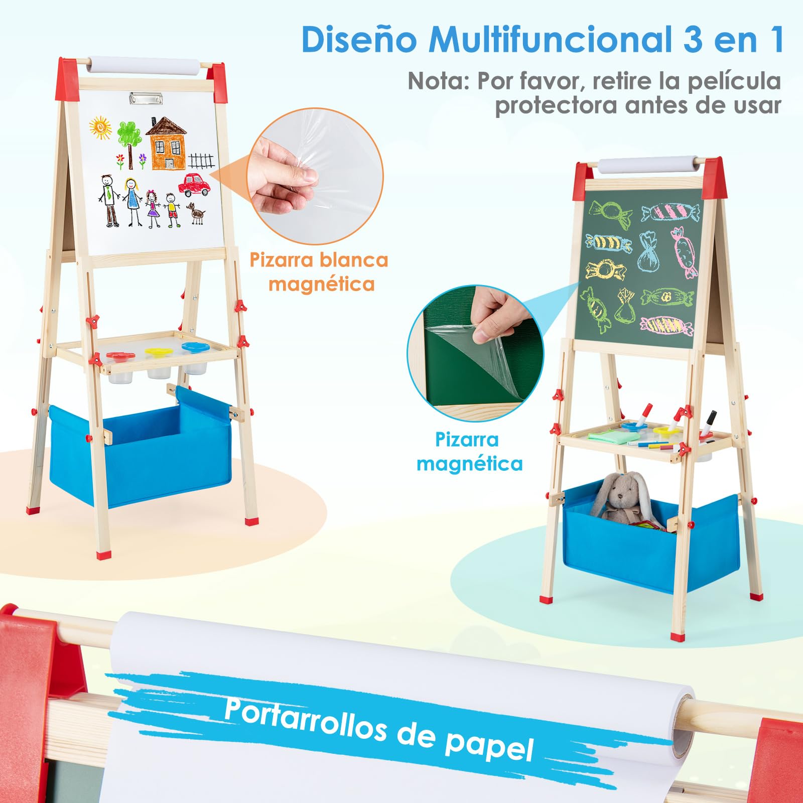 COSTWAY Caballete Infantil Ajustable en Altura, Caballete de Doble Lado con Pizarra de Tiza y Pizarra Blanca, Rollo de Papel, Imanes de Letras y Números, para Niños 3-8 Años (Azul)