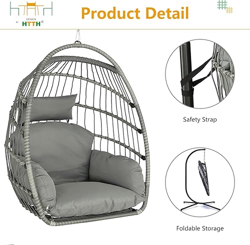 Miniatura 6 de HTTH Hanging Egg Chair with Stand Egg Swing Hammock Chair for Indoor Outdoor Patio Swing Chair with Cushion Headrest Hammock Chair 350lbs Capacity