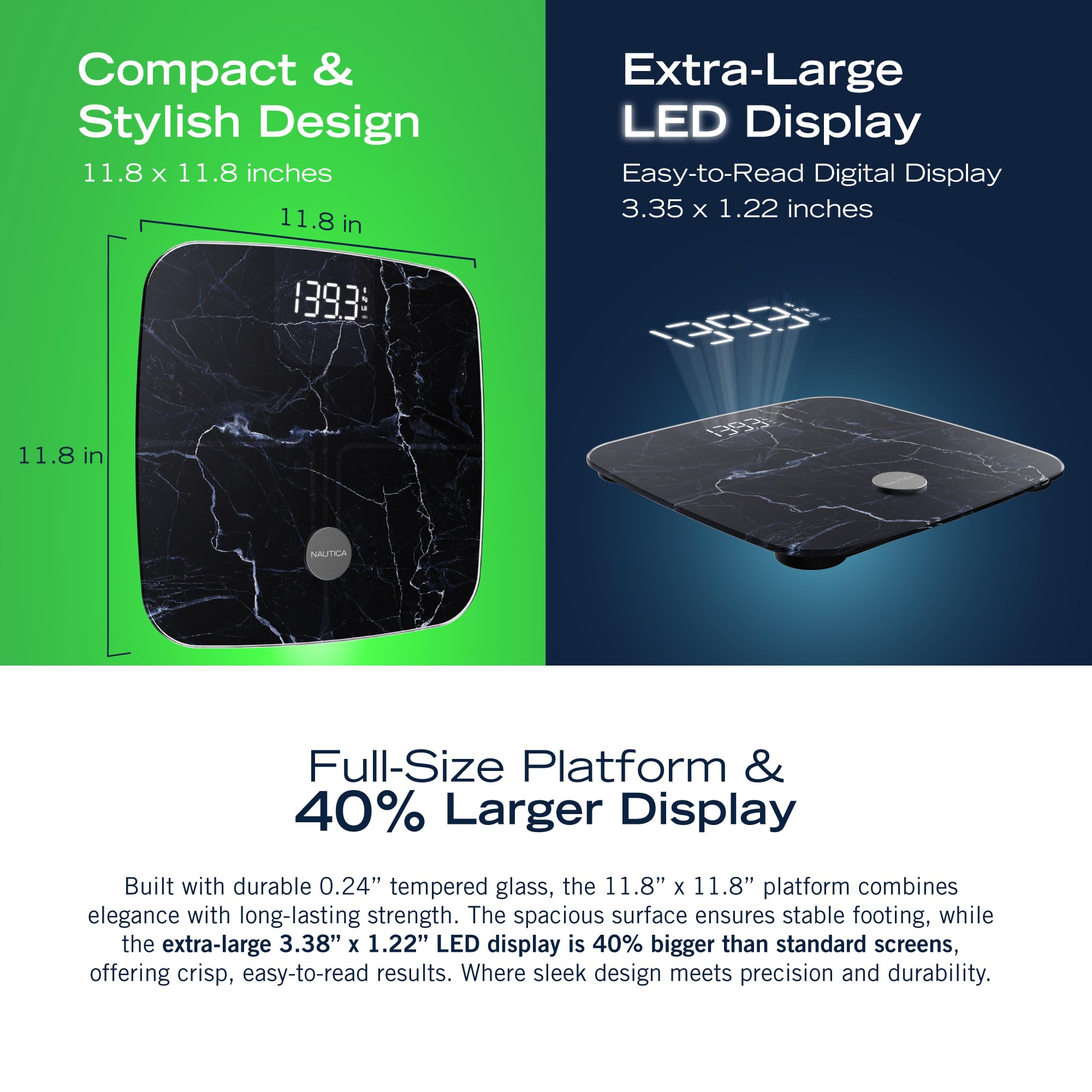 NAUTICA Smart Scale Plus ITO Technology, bilancia per grasso corporeo con display digitale a LED, analizzatore di tutto il corpo, tracker digitale, Bluetooth Wi-Fi