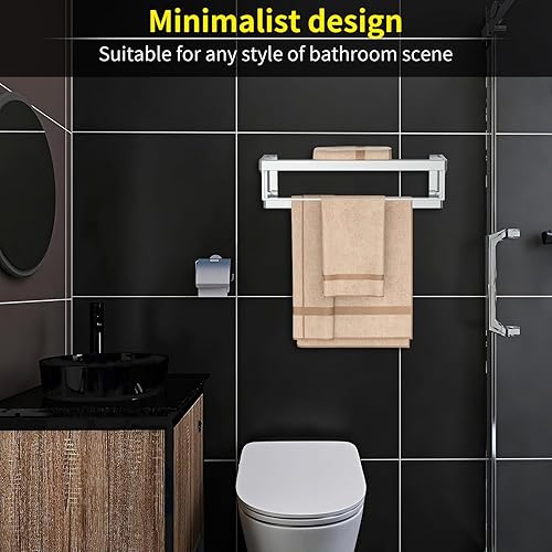Miniatura 7 de Toallero de 22.8 pulgadas con dos barras de toalla para baño, ducha y lavabo, con estante montado en la pared, acero inoxidable 304, adhesivo sin