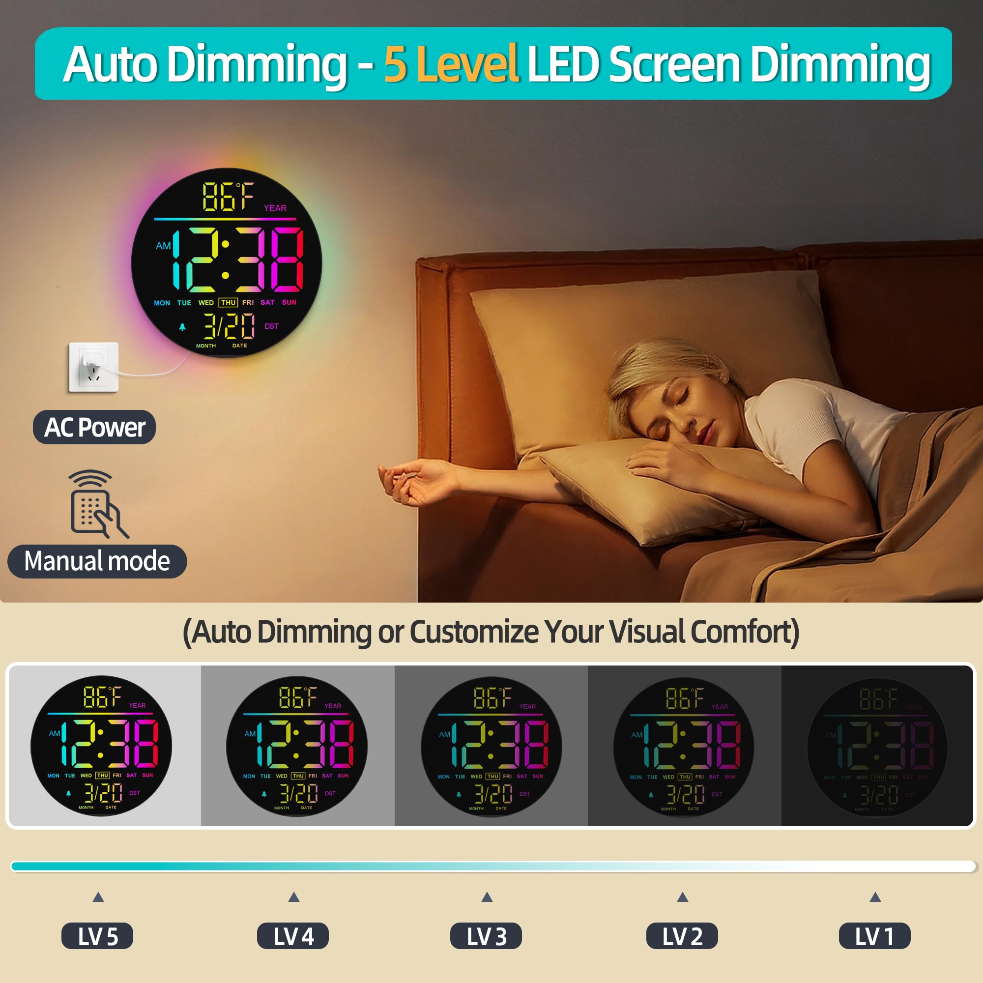 Maxstar Große Digitale Wanduhr mit Fernbedienung, 10-Zoll-Runduhr,8 RGB Farben, Modernes LED Display, Automatische Helligkeit, Sommerzeit, Temperatur, Wecker für Wohnzimmer, Schlafzimmer, Küche Dekor