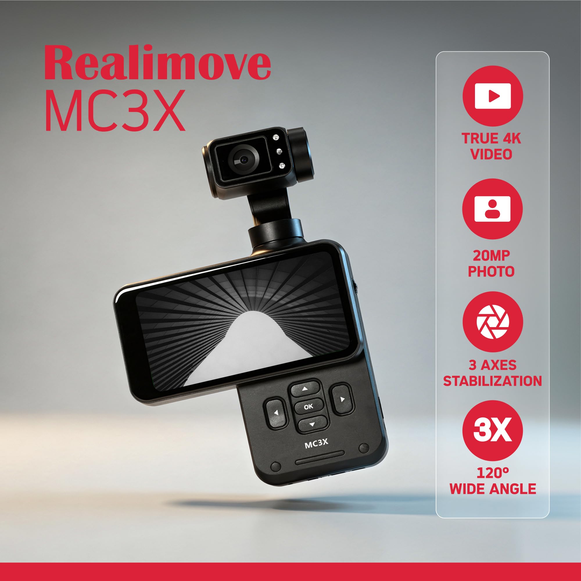 AGFA PHOTO Gimbal Realimove MC3X - Caméra Stabilisateur 3 Axes 4K Ultra HD, Écran Tactile Rotatif 3,5", 20 MP, Suivi de Visage, Vision Nocturne, Grand Angle 120°, Wi-FI, Autonomie 170 Min - Noir