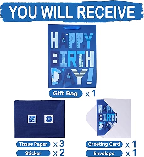 Miniatura 3 de Juego de bolsas de regalo azules extragrandes de 16.5 pulgadas con tarjeta de felicitación y papeles de seda (feliz cumpleaños azul) para fiestas de