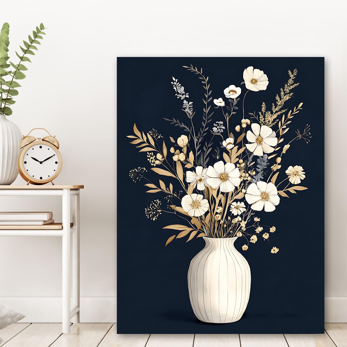 SHENGPOSTER Wazony z suszonymi kwiatami na płótnie nowoczesna minimalistyczna sztuka na płótnie, granatowe tło gotowe do zawieszenia do salonu, studia, rama wewnętrzna 35 x 52 cm