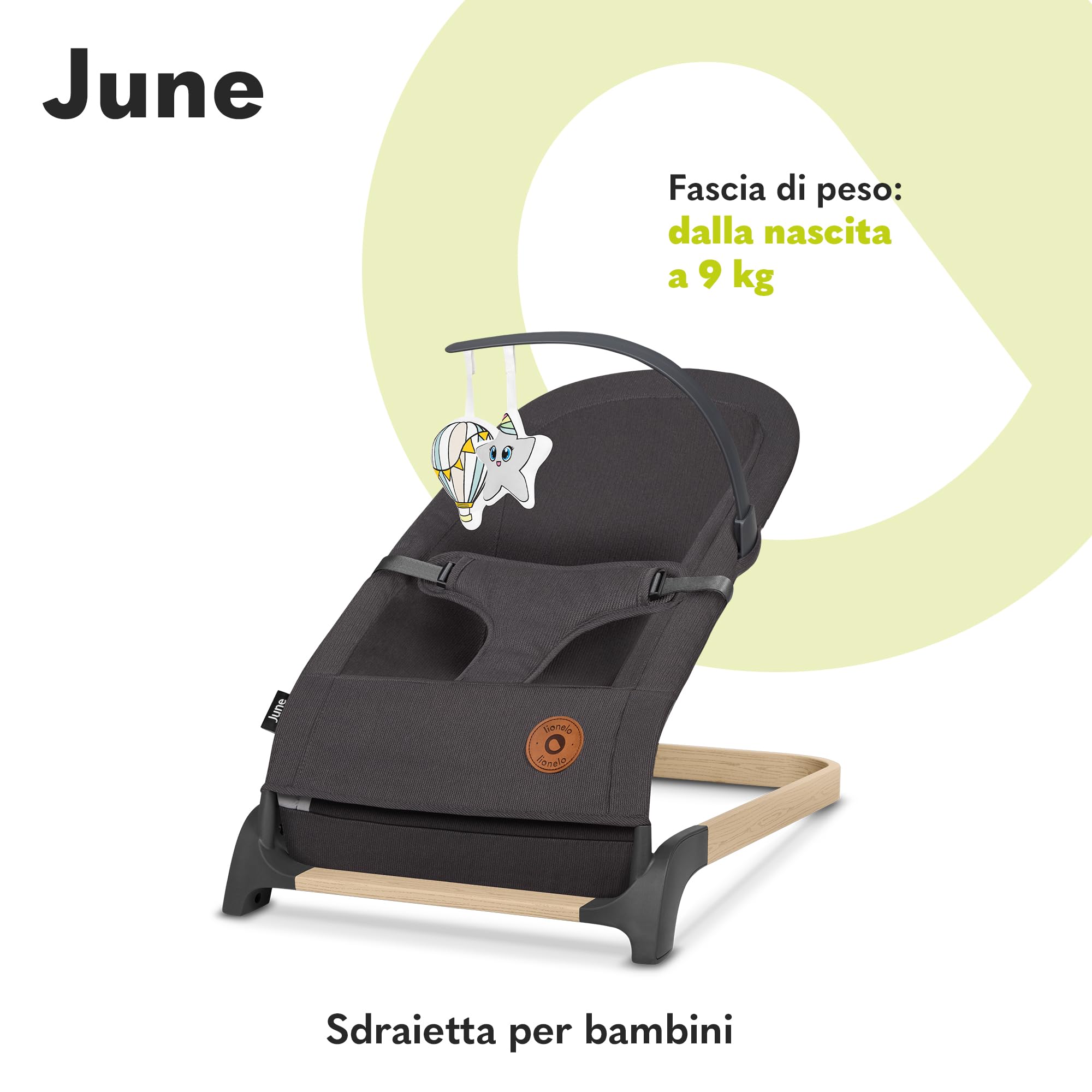 LIONELO June Sdraietta Dondolo Pieghevole dalla Nascita a 9 kg | Design Ergonomico e Traspirante, Cinture di Sicurezza, Struttura Leggera e Stabile, Piedini Antiscivolo