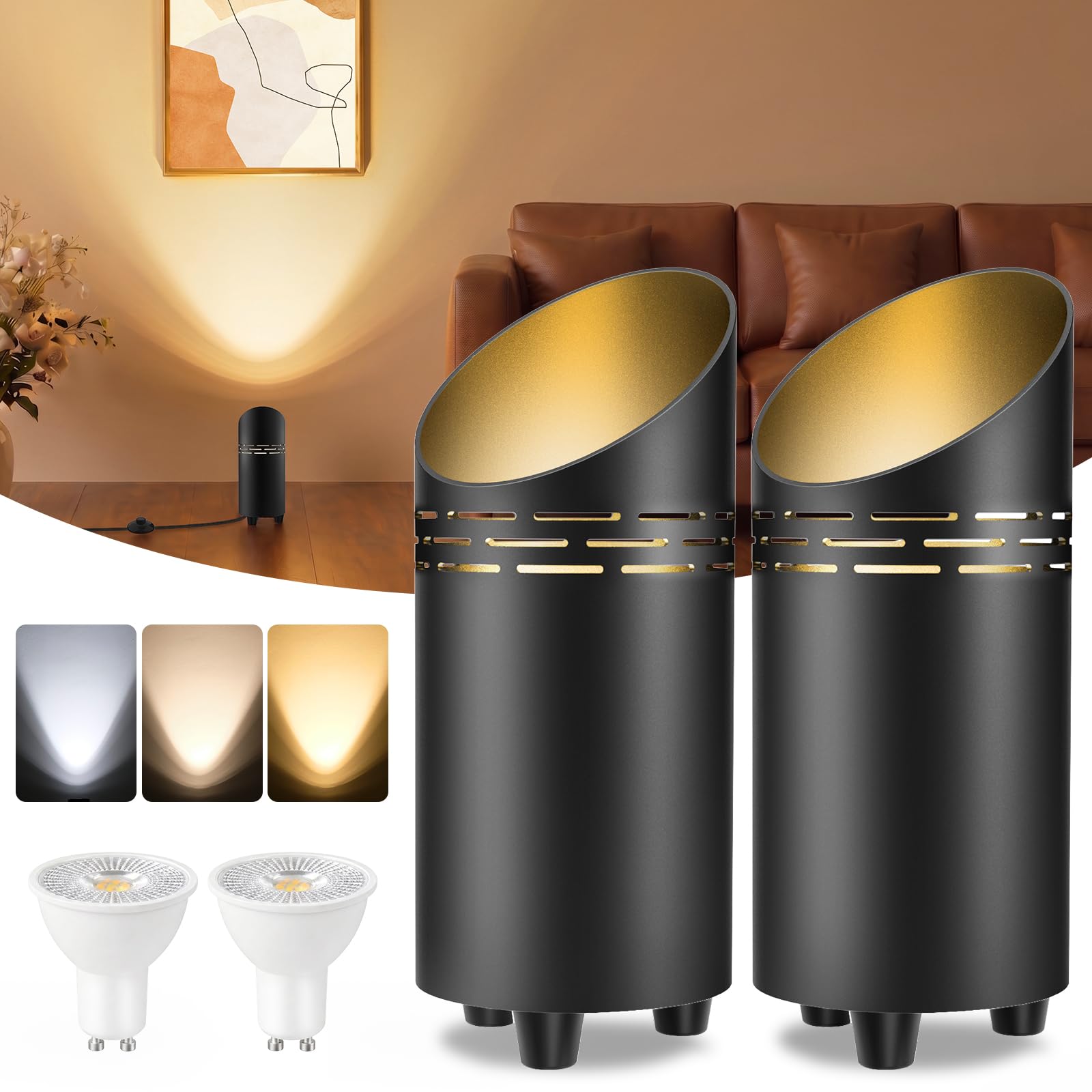 T-SUN 2 Pack LED Uplighter Floor Lamps, Black Dimmable Uplight Spotlights with Foot Switch,3000K/4000K/6000K GU10 Bulbs for Living Room Bedroom Corner Plant Artwork