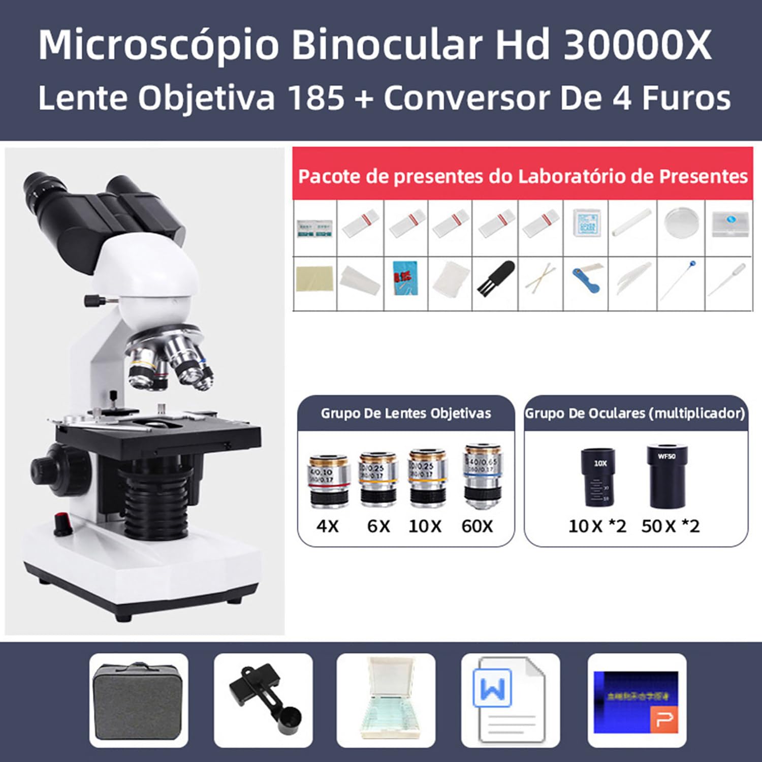 Microscopio binoculare Composto 30000x-70000x con Set di vetrini per microscopio e Adattatore per Telefono - Ideale per la Scuola, Il Laboratorio e l'istruzione Domestica,50000X